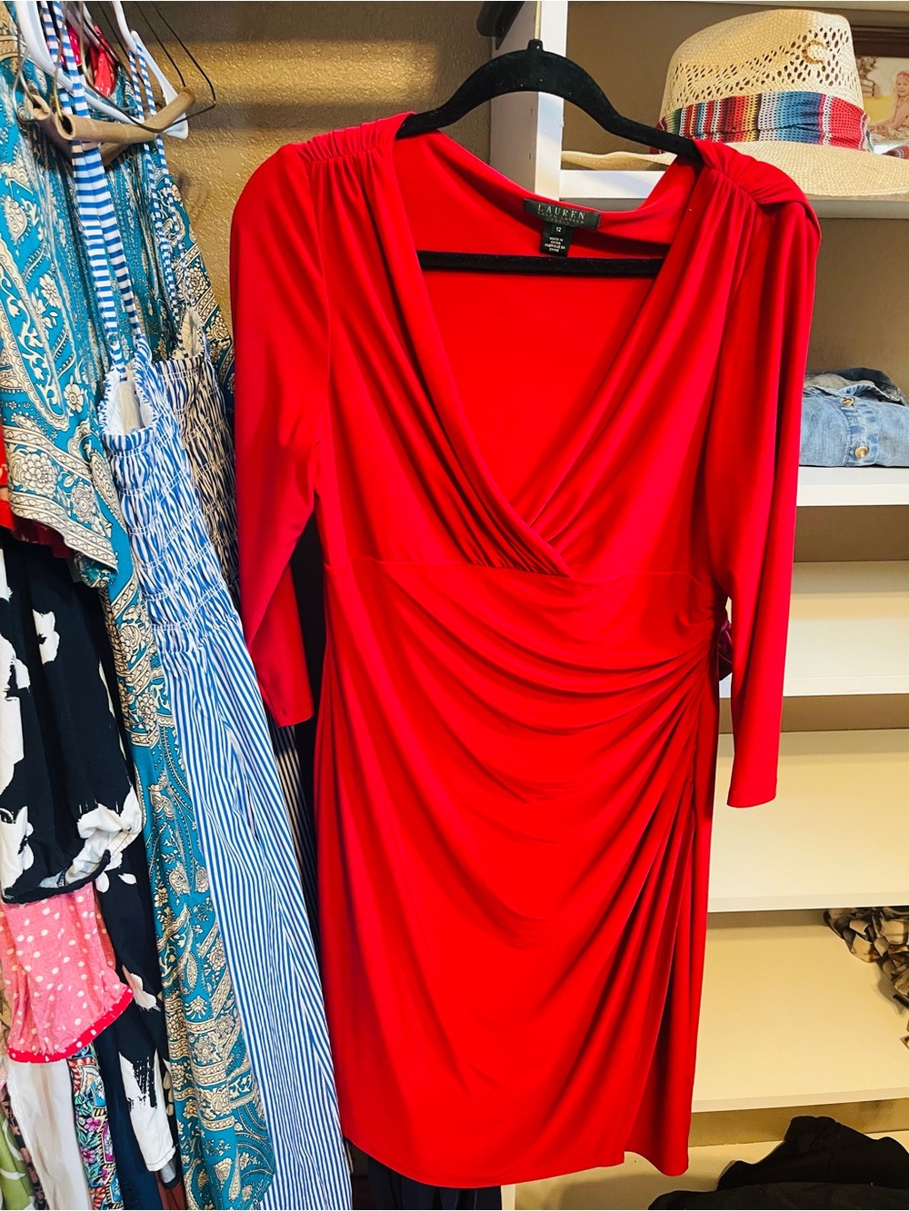 Ralph Lauren Red Long-Sleeve Draped V-Neck Dress